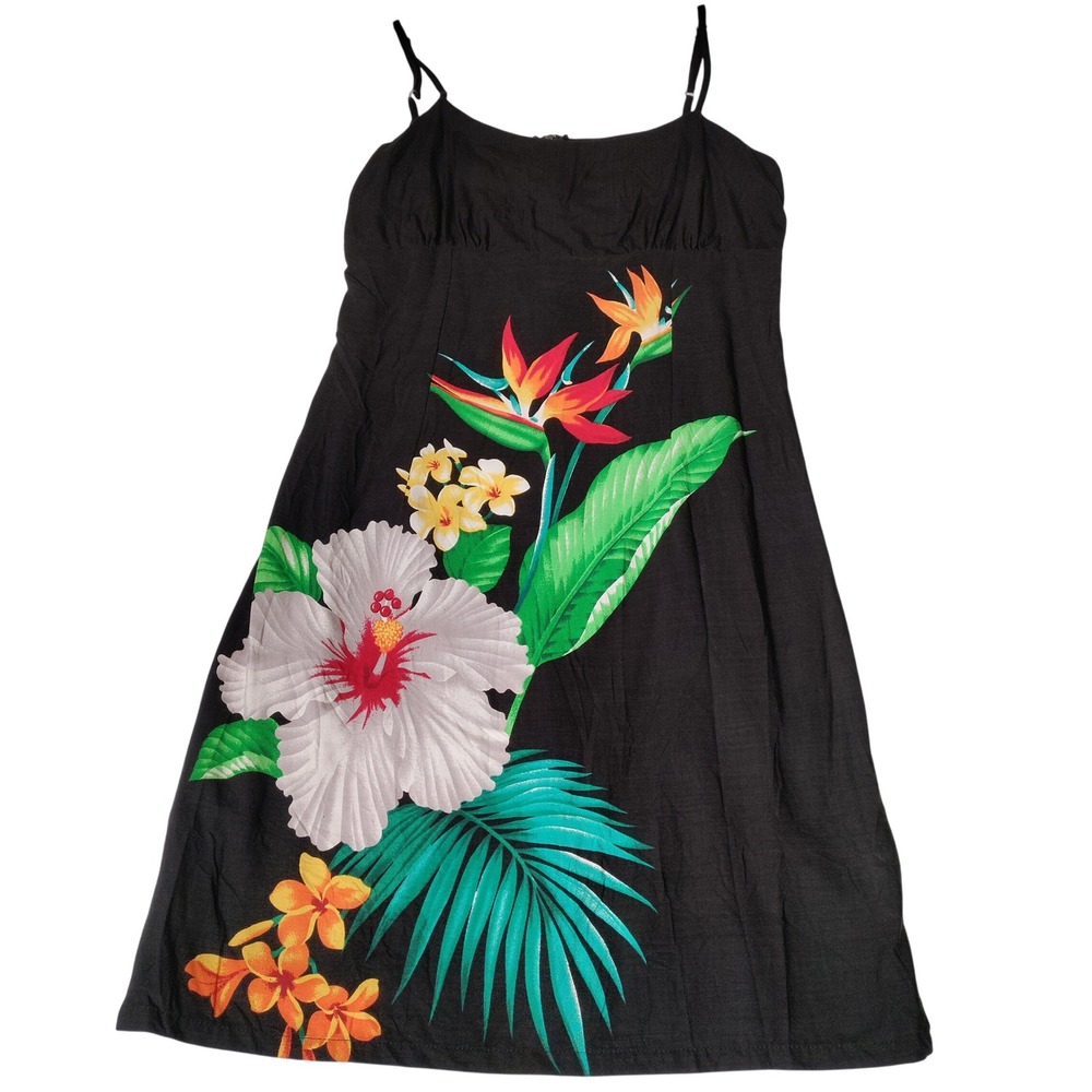 Jade Fashions Black Tropical Floral Hibiscus Midi Dress Made in Hawaii Size M